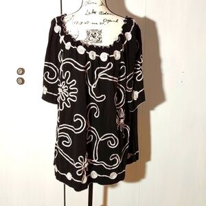 Once Again|Womens Black Tunic White Swirl Artsy Metallic Stretchy Top Sz.2X